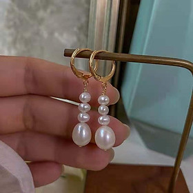 Khuyên Tai Bạc 925 Mạ Vàng Dáng Dài, Khuyên Tai Ngọc Trai Dễ Thương Đơn Giản - Ngọc Trai Trường Thịnh