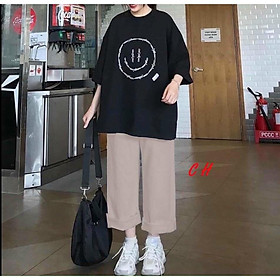 Sét áo thun unisex mặt cười và quần thô màu be siêu xinh
