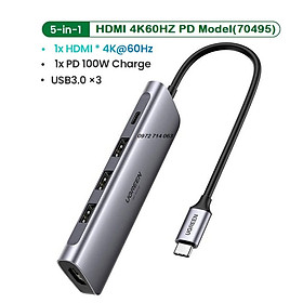 Cáp Chuyển Hub Ugreen 5 In 1 USB Type C Sang HDMI + USB 3.0*3 + PD Ugreen 50209, 70495 hàng Chính Hãng