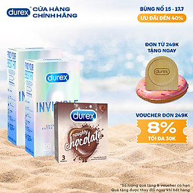 Bộ 2 hộp bao cao su Durex Invisible siêu mỏng (52mm, 10 bao/hộp)+ 1 Durex Naughty Chocolate hương choco (52mm, 3 bao/hộp)