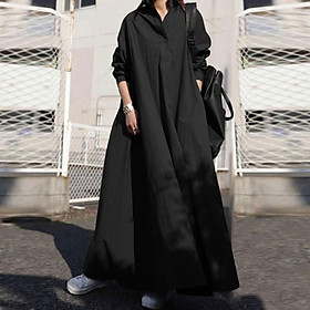 Fashion Women Spring Solid Color Dress Turn-Down Collar Long Sleeve Button Pocket Loose Casual Maxi Dress