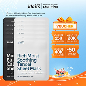 Combo 6 Dear, Klairs Mặt nạ giấy Midnight Blue Calming Sheet Mask 25ml+6 Rich Moist Soothing Tencel Sheet Mask 25ml