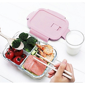 Hộp đựng cơm văn phòng bằng thủy tinh 1000ml 3 ngăn chống tràn dùng cho lò vi sóng