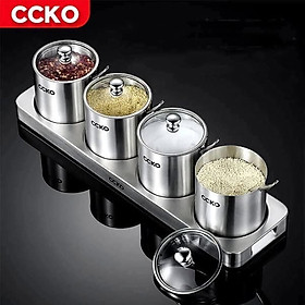 Mua Set 4 hũ đựng gia vị CCKO inox 304 nắp thủy tinh kèm khay Hàng chính hãng