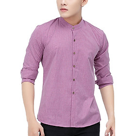 Áo sơ mi cổ trụ caro titishop sm531 - tím phối caro trắng