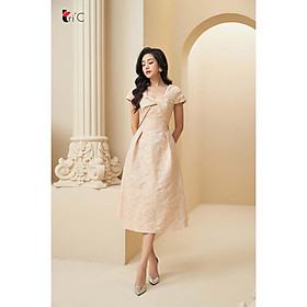 Đầm xòe gấm hoa hồng nude ngực vặn xoắn Tri'C Luxury L051220