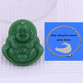 Mặt Phật Di lặc đá xanh 4.3 cm kèm vòng cổ dây chuyền inox trắng + móc inox trắng, mặt dây chuyền Phật cười