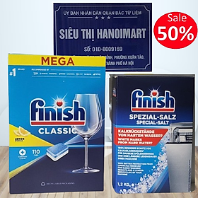 Muối Finish 1.5kg+Viên rửa bát Finish 110 viên (Đức) dùng cho máy rửa chén bát