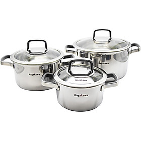 Mua Bộ 3 Nồi Đáy Từ Đa Lớp Nguyên Khối Inox 304 Cao Cấp Nagakawa NAG1353 (16cm  20cm  24cm) - Dùng Trên Mọi Loại Bếp - Hàng Chính Hãng