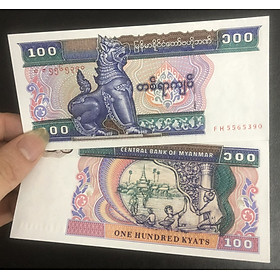 Tiền Myanmar 100 kyats hình ảnh con Lân, kèm phơi nilong bảo quản tiền