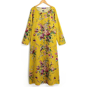 Váy Maxi Nữ Vải Cotton Lanh Tay Dài Cổ Tròn Dáng Rộng Cỡ Lớn