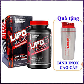Combo Viên đốt mỡ LIPO 6 BLACK của Nutrex hộp 60 viên hỗ trợ đốt mỡ, giảm cân mạnh mẽ, tăng tỉnh táo tập trung cho người chơi thể thao & Bình Inox 739ml (mẫu ngẫu nhiên)