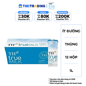 Thùng 12 hộp sữa tươi tiệt trùng TH True Milk ít đường 1 Lít