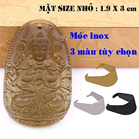 Mặt Phật Quan âm nghìn tay nghìn mắt đá obsidian ( thạch anh khói ) 1.9cm x 3cm (size nhỏ) kèm móc inox vàng, Mặt dây chuyền Quan âm bồ tát