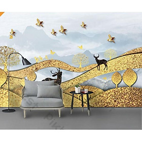 Hình ảnh Tranh phong cảnh rừng nai vàng phú quí thịnh vượng, tranh dán tường 3d hiện đại (tích hợp sẵn keo) MS1184045