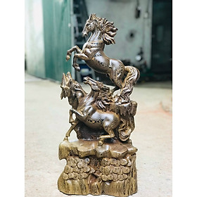 Tượng con ngựa song mã uyên ưng bằng gỗ mun đuôi công kt cao 70×32×14cm