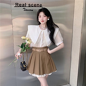 Set Bộ Áo Sơ Mi Cổ Bèo Màu Be Chân Váy Xếp Ly Layer Màu Nâu Tây Dày Dặn Phong Cách Hàn Quốc Ulzzang Vintage Quảng Châu