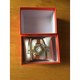 Combo hộp  đồng hồ 3 món , mặt tròn màu trơn trang trí kim cương nhân tạo , phong cách thanh lịch thời trang cho nữ