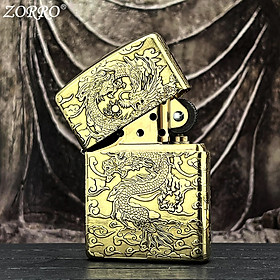 Mua Vỏ Hột Quẹt Bật Lửa Xăng Đá Zorro ZT052A Khắc Họa Tiết Rồng Vàng Tài Lộc (Không Có Xăng)