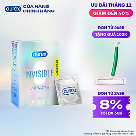 Bao Cao Su Durex Invisible Siêu Mỏng, Size 52 mm, Hộp 16 Bao Mới Ra Mắt - Hộp Lớn Siêu Tiết Kiệm