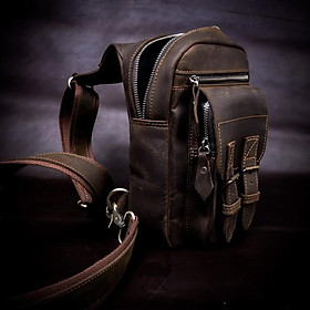 Túi chéo da bò Biker nâu đen - Manuk Leather Design - Da sáp ngựa điên