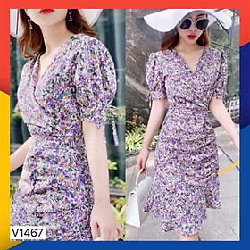 Đầm ôm body hoa tay phồng rút eo đuôi cá màu tím siêu cưng