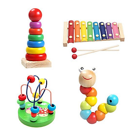 Combo sét 4 món đồ chơi - luồn hạt - con sâu gỗ - đàn gỗ 8 thanh - cầu vồng - giúp bé phát triển thông minh