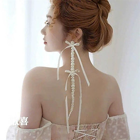 Nơ cài tóc dây hạt trai đan hoa thắt nơ ruy băng