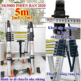 Thang nhôm rút chữ A Sumika SK 500D (2.5M+2.5M) - duỗi thẳng cao 5.0m, 8 đế cao su chống trượt, có bánh xe kéo, khóa chốt cao cấp, bậc thang thiết kế chống trượt, thanh giằng giữa 2 bên thang - Luôn Có Phụ Kiện Thay Thế