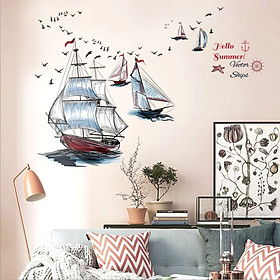 Decal dán tường trang trí nhà cửa sáng tạo tranh Thuyền buồm ra khơi đủ màu 3 (98 x 87 cm)