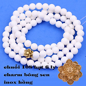 Bộ Vòng Chuỗi, Tràng Hạt 108 Hạt 6 Ly Đá San Hô Trắng Charm Hoa Sen Inox - Tràng Chuỗi Niệm Phật - An Yên - Thịnh Vượng - May Mắn - Tài Lộc - Bình An