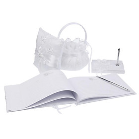 Wedding Set of 4 Guest Book ,  Pillows,Flower Baskets, Pen Holder White