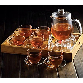 Mua Bộ ấm chén thủy tinh chịu nhiệt pha trà kèm đế châm nến và khay gỗ tre