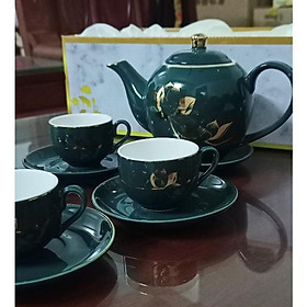 Mua Bộ Ấm Chén Sứ Bộ Tách Pha Trà Cà Phê Cao Cấp Màu Xanh Cổ Vịt Họa Tiết Hoa Sen Sang Trọng