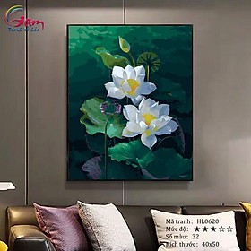 Mua Tranh sơn dầu số hóa tự vẽ - Mã HL0620 Hoa sen trắng Tranh hoa cỏ trang trí cổ điển sang trọng