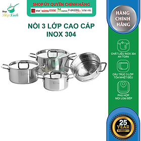 Bộ 4 Nồi Inox 304 3 Lớp Roman Fivestar Nắp Inox 07pcs FS07C Plus