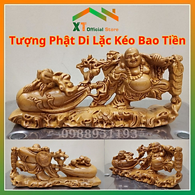 Hình ảnh Tượng Phật Di Lặc Kéo Bao Tiền Để oto, bàn làm việc, Tượng Di Lặc Gỗ Bách Xanh Thu Hút Tài Lộc