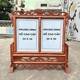 Khung ảnh đôi thờ gia tiên 20cmx30cm gỗ hương chạm khắc ép kính viền hoa cao cấp 