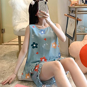 Bộ quần áo sát nách mặc nhà cho nữ vải lanh siêu mát, nhún bèo cách điệu