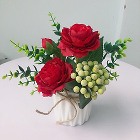 Hoa giả, lọ hoa mẫu đơn xinh xắn điểm quả cherry để bàn trang trí nhà cửa sang trọng LH-01
