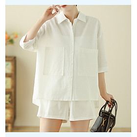 Bộ đồ cho nữ 2 chi tiết gồm áo sơ mi có túi và quần short dáng chữ A, set linen nữ hàn quốc