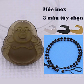 Mặt Phật Di lặc đá obsidian 4.5 cm ( size lớn ) kèm vòng cổ hạt chuỗi đá đen + móc inox vàng, mặt dây chuyền Phật cười, Mặt Phật đá thạch anh khói