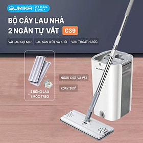 Bộ cây lau nhà SUMIKA C39, thùng lau nhà 2 ngăn tự vắt thông minh, chổi lau sàn nhà 360 độ, 2 bông lau, 1 móc treo cây lau sàn