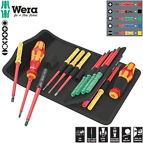 Bộ tua vít cách điện Kraftform Kompakt VDE 17 Universal 1 gồm 4 cạnh, dẹp, hoa thị  các đầu vít thay đổi được gồm 17 chiếc Wera 05006611001
