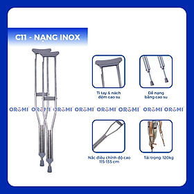 Nạng chống nách nhôm/inox có cao su mềm OROMI C11/C12 - Dụng cụ hỗ trợ người khuyết tật