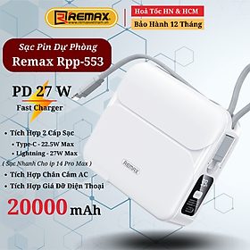 Mua Sạc Dự Phòng Đa Năng 20000mAh Sạc Nhanh 27W Cho 14 Pro Max - Remax RPP-553 Tích Hợp 2 Cáp Sạc Nhanh  Chân Cắm AC và Giá Đỡ Điện Thoại - Hàng Chính Hãng Remax Bảo Hành 12 Tháng Lỗi 1 Đổi 1