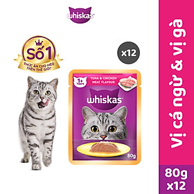 WHISKAS Thức ăn cho mèo lớn dạng sốt vị cá ngừ và thịt gà 80g (12 gói)