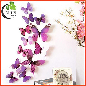 Bộ 12 Decal Dán Tường Hình Bướm 3D Cánh Đơn, Cánh Kép Đế Nam Châm Trang Trí Cửa Kính, Tủ Quần Áo, Giỏ Hoa, Ảnh Treo Châm