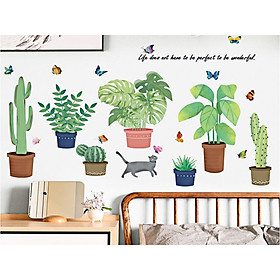 Decal dán tường chậu cây và con mèo
