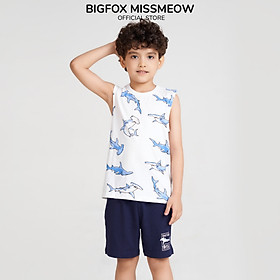 Bộ đồ sát nách cho bé trai Bigfox Miss Meow size đại mùa hè vải cotton kiểu ba lỗ in cá mập 3,7,9,11 tuổi 30kg 40kg 1929